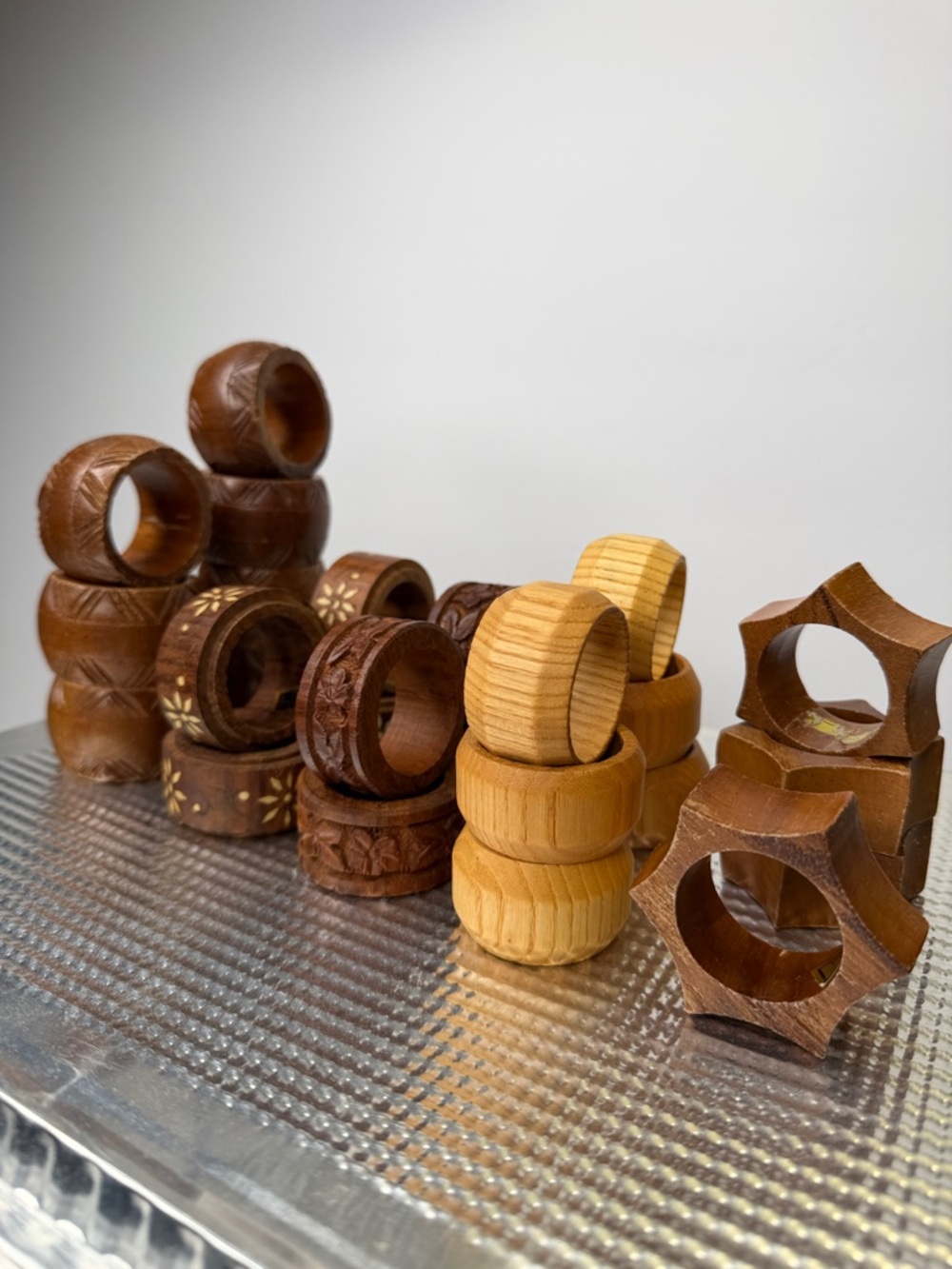 Brown Light and Dark Carved Wooden Napkin Ring 5 sets lot of 25